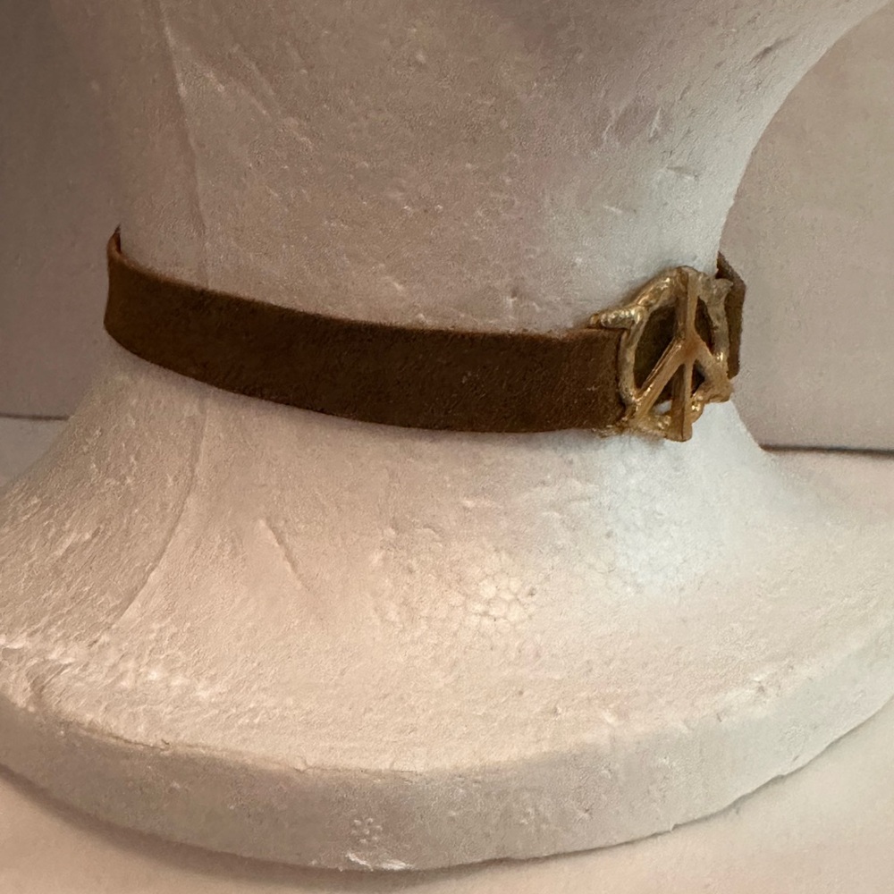 Vintage choker green brown suede gold hook closure ☮️ necklace - Picture 5 of 11